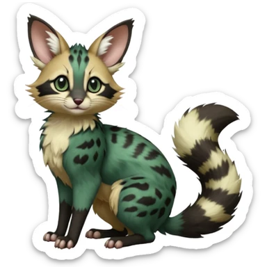 Dark-Green, black-pointed, soft natural realistic romantic vintage antique divine beautiful elegant pretty precious cute young youthful  Fakémon-Pokémon-opossum-feline-serval-caracal-chinchilla-Minccino-Cinccino-Meowstic-rodent-hybrid-creature with a big fluffy bushy tail (full body) sticker
