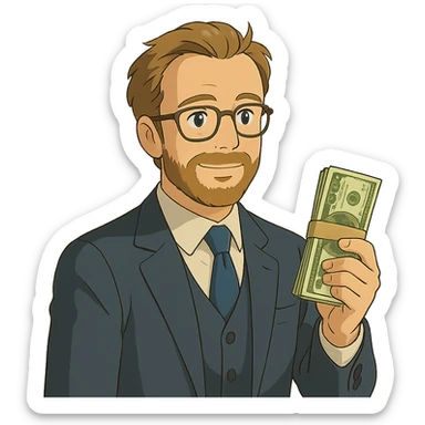 ghibli style illustration of Nikolai Astrup, Norwegian politician, holding a pack of money in his hand sticker