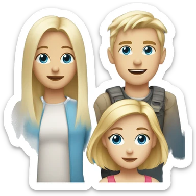 two blonds boys with blue eyes, one short and one tall next to a brunette girl with brown eyes of medium height sticker