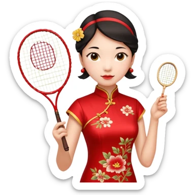 ancient cheongsam girl with 1 badminton racket, red sticker