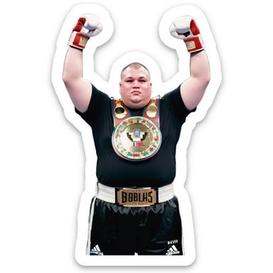 white man with dark hair, dark eyes, buzzcut faded haircut, overweight 100kg boxer, chubby face, stocky build, wearing full black clothes, black adidas boxing gloves, victory pose with arms raised, holding championship belt, upper body only no legs visible, highly pixelated sticker