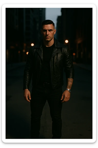 A confident, strong man standing in the middle of a city street at dusk, wearing a black leather jacket and boots, sharp jawline, intense gaze. Radiating masculine energy. Cinematic lighting, moody urban background, dramatic shadows, shallow depth of field. 35mm film style sticker