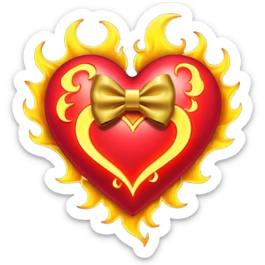 neon heart with a gold bow with heart pattern on the bow, with flames sticker