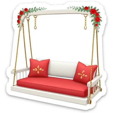 Romantic white wooden pastel-red cushions couch-swing with tiny gold flowers around sticker
