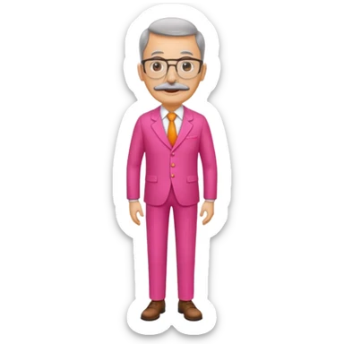 A tall figure with a thick mustache and oval glasses, with a large head, who always wears a bright pink dress with orange pants. sticker