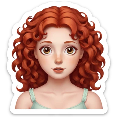 lady with Soft, round face, rosy cheeks, wide expressive eyes, wavy red hair, ringlets, Fair skin, freckles, sticker