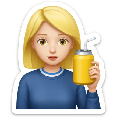 female student drinking from a yellow can sticker