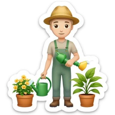 hardworking young white male gardener watering plants sticker