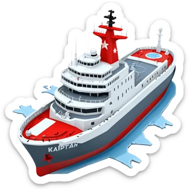 Realistic 3D icon of icebreaker "Kapitan Krutov" (grey hull, red star, white superstructure, "РОСМОРПОРТ" lettering). Soft winter lighting, 3/4 aerial view. Fractured blue ice, white background. High detail, photorealistic GSON style. sticker