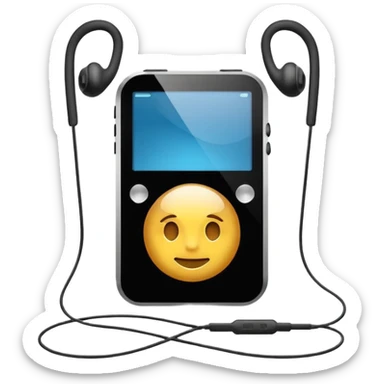Futuristic iPod emoji with earphones, metallic black and white, smooth reflective surfaces, flat minimal vector design, clean UI style sticker