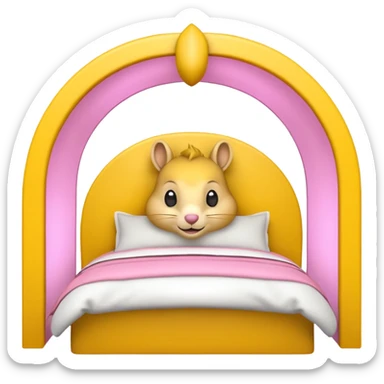 The features a bed themed as a large, cheerful, yellow squirrel. The squirrel's head forms an archway over the bed, with large black eyes, a small pink nose, and prominent white cheeks. The bed frame and arch are bright yellow with integrated yellow LED lighting running along the curves.  sticker
