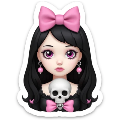 gothic girl with pink bow and skull charm, gothic style, vinyl figure, puffy details sticker