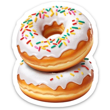 Cinematic fluffy donuts, perfectly golden and dusted with powdered sugar, vibrant icing with sprinkles, stacked in a playful arrangement, soft glowing highlights, warm and inviting. sticker
