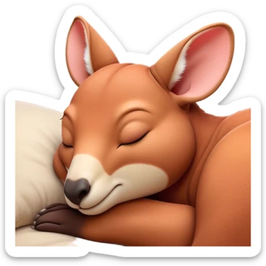 Meme-Worthy Cute Sleeping Adult Red Kangaroo Portrait Emoji, Head resting peacefully with a contented smile, showcasing a solid, reddish form with a characteristic red kangaroo-shaped head featuring a soft, elongated snout and small, relaxed ears, eyes shut in a serene, restful nap, Simplified yet adorably endearing features, highly detailed, glowing with a soft, drowsy outback light, high shine, relaxed and utterly lovable, stylized with an air of playful laziness, soft glowing outline, capturing the essence of a sleeping kangaroo that feels destined to become the next viral icon of adorable rest! sticker