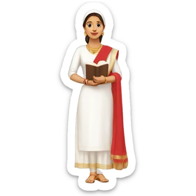 A women wearing white kurti, red dupatta and book in hand sticker