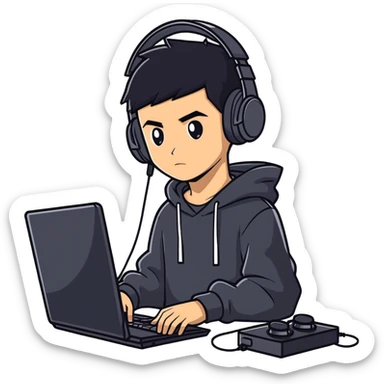 Cool boy, gamer with tan skin and black hair wearing a super cool black hoodie and wearing a gamer headset while playing PC games sticker