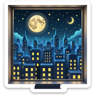 City night window view, 3D moon in corner sticker