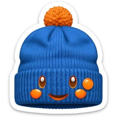 Blue beanie with an orange rim, and an orange puff dot at the top sticker