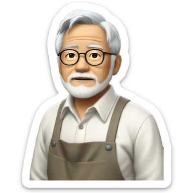 hayao miyazaki with his apron and hands in the pockets - realism sticker
