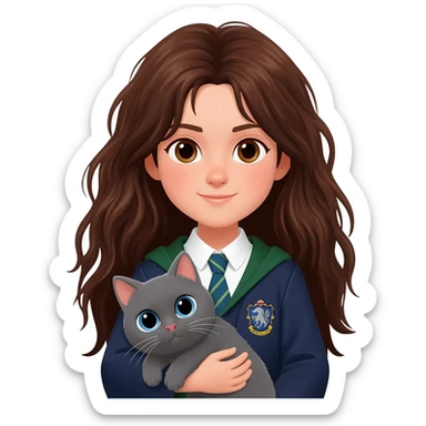 hong kong ravenclaw girl student with long brown messy hair and brown eyes, holding a gray cat with blue eyes sticker