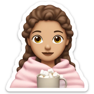 Girl with brown hair and a light pink bow wrapped in a light pink blanket drinking tea with marshmallows sticker