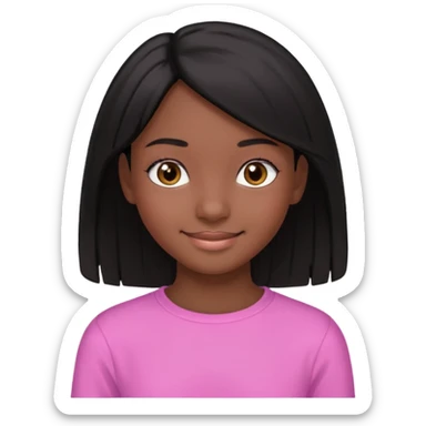 A portrait of a 14-year-old girl, he's got black hair, darkish skin and brown eyes. she's wearing a pink longsleeve. She's smiling a bit sticker