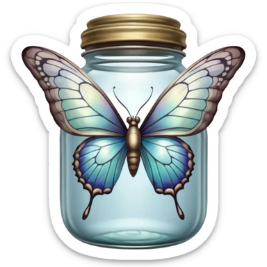 A silver butterfly traped in an old jar sticker