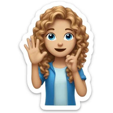 girl with light brown long curly hair and blue eyes doing a hand heart  sticker