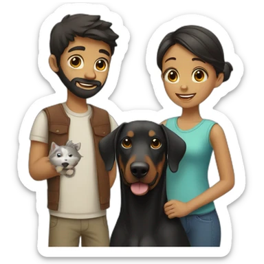 A boy with beard and with a beautiful girl playing with a boy Doberman dog sticker