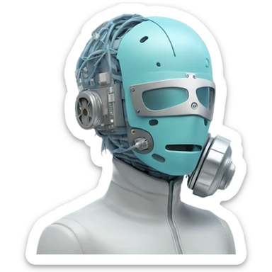 Pastel blue haired cyborg head with silver respirator mask and circuits sticker