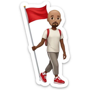 Bald black man with a white goatee in sneakers carrying a red flag sticker