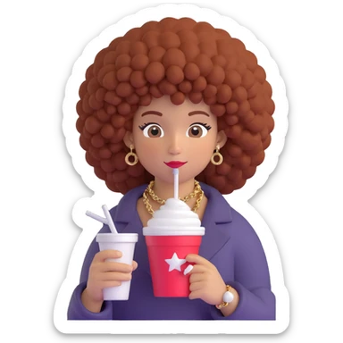 3D emoji of a person with a high curly afro, sparkling 'samu' chain, holding a styrofoam cup and a joint sticker