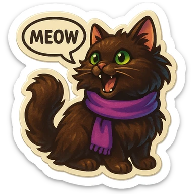 Fluffy meowing cute dark-brown cat with green eyes and a purple scarf saying ‘meow’ (with a speech bubble) sticker