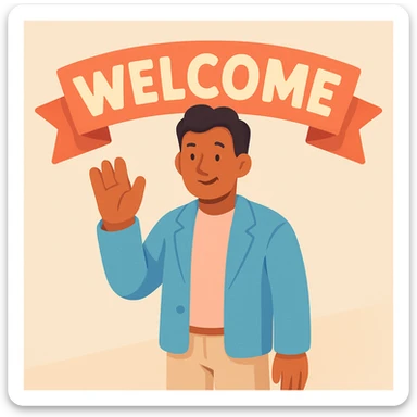 human character, center-frame, casual smart clothing in pastel blues, pinks, and neutrals, warm smile, one hand raised in a wave, stylized 'Welcome' banner behind, isometric perspective, soft diffuse studio lighting, subtle shadows, light depth of field, smooth rounded shapes, realistic skin texture, clean polished surfaces, modern minimalistic setting sticker