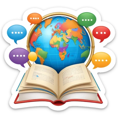 An icon showing a globe surrounded by speech bubbles with greetings in different languages, like 'Hello,' 'Hola,' and 'Bonjour.' The design includes an open book and a quill, symbolizing learning and communication. Transparent background emphasizes global connection through language. sticker