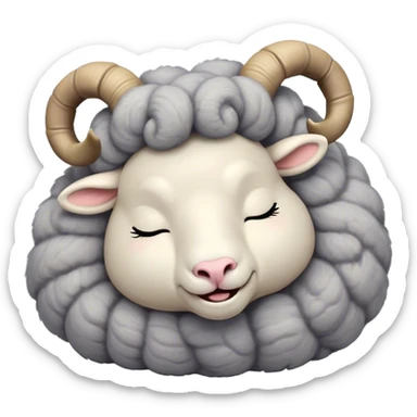 Meme-Worthy Cute Sleeping Ram Portrait Emoji, Head resting peacefully with a contented smile, showcasing a robust build and a luxuriously soft woolly grey fur with gently curled horns, eyes shut in a serene, restful nap, Simplified yet hilariously adorable features, highly detailed, glowing with a soft, drowsy light, high shine, relaxed and utterly lovable, stylized with an air of playful laziness, bright and heartwarming, soft glowing outline, capturing the essence of a comically sleepy ram, so meme-worthy it feels like it could instantly become the next viral sensation of adorable slumber! sticker