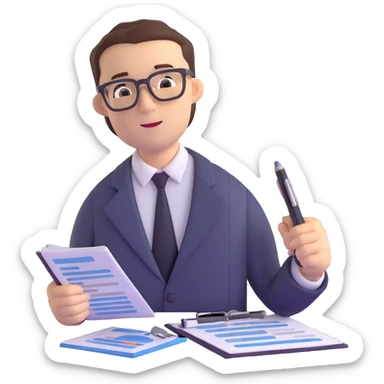 male accountant with financial reports, pen and glasses sticker