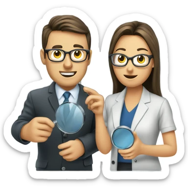 Two IT auditors (man and woman) inspecting server with magnifying glass sticker