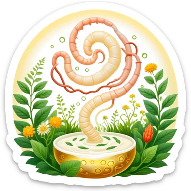Magical garden with yogurt, kimchi, and kombucha appearing as glowing plants. A spiral intestine forms the center path, with golden beneficial bacteria floating like pollen and light seeds. The scene has an ethereal, dreamy quality representing the inner ecosystem. sticker