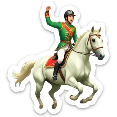 An icon showcasing a majestic horse and rider in full gallop across a lush green field. The background features a clear sky, distant mountains, and a vibrant landscape. The rider wears traditional gear, while the horse leaps with grace and power. Transparent background sticker