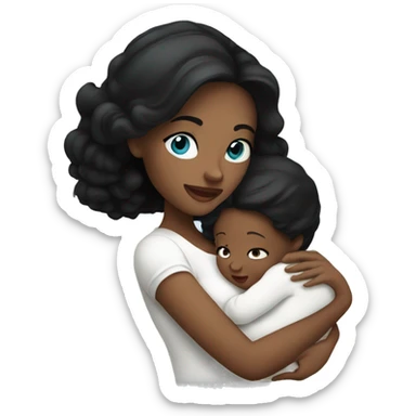mom holding newborn baby girl with blue eyes white skin black hair sticker