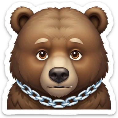 Serious-looking natural brown bear on four paws with stern face, simple ice chain around neck, realistic features sticker