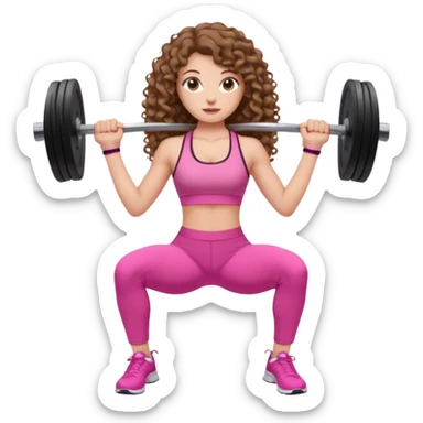pale white girl with long brown curly hair weight training pink sticker