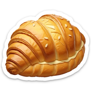 Cinematic golden croissant, perfectly flaky with crisp layers, slightly cracked to reveal buttery soft interior, warm golden glow, highly detailed and inviting. sticker