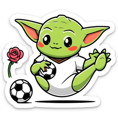 baby Yoda kicking a soccer ball with small roses beside him sticker