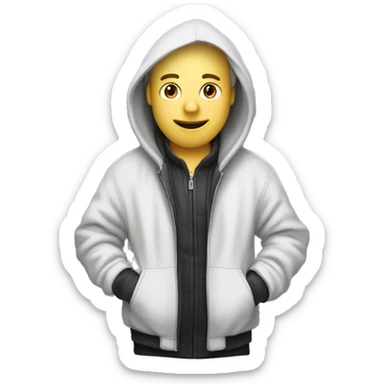 a white-skinned programmer sits in a jacket with a hood holding a MacBook in his hands sticker