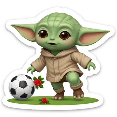 baby Yoda kicking a soccer ball with small roses beside him sticker
