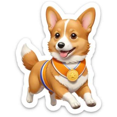 a corgi picking running a marathon with gold medal sticker