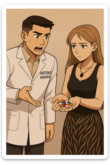 fai un webtoon/manga a colori con questo kinesiologo in camice bianco (fagli la scritta "ANTONIO ANANIA" SUL CAMICE) CHE PARLA CON QUESTA RAGAZZA CON GLI OCCHI AZZURRI. la ragazza gli fa una domanda e IL KINESIOLOGO CON IL CAMICE BIANCO LE risponde. NON FARE I FUMETTI, FAI SOLO LORO COME SE DIALOGASSERO sticker