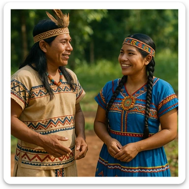 A friendly scene of an indigenous man and woman from Costa Rica conversing, both wearing traditional indigenous clothing with cultural details reflecting Costa Rican indigenous identity. sticker
